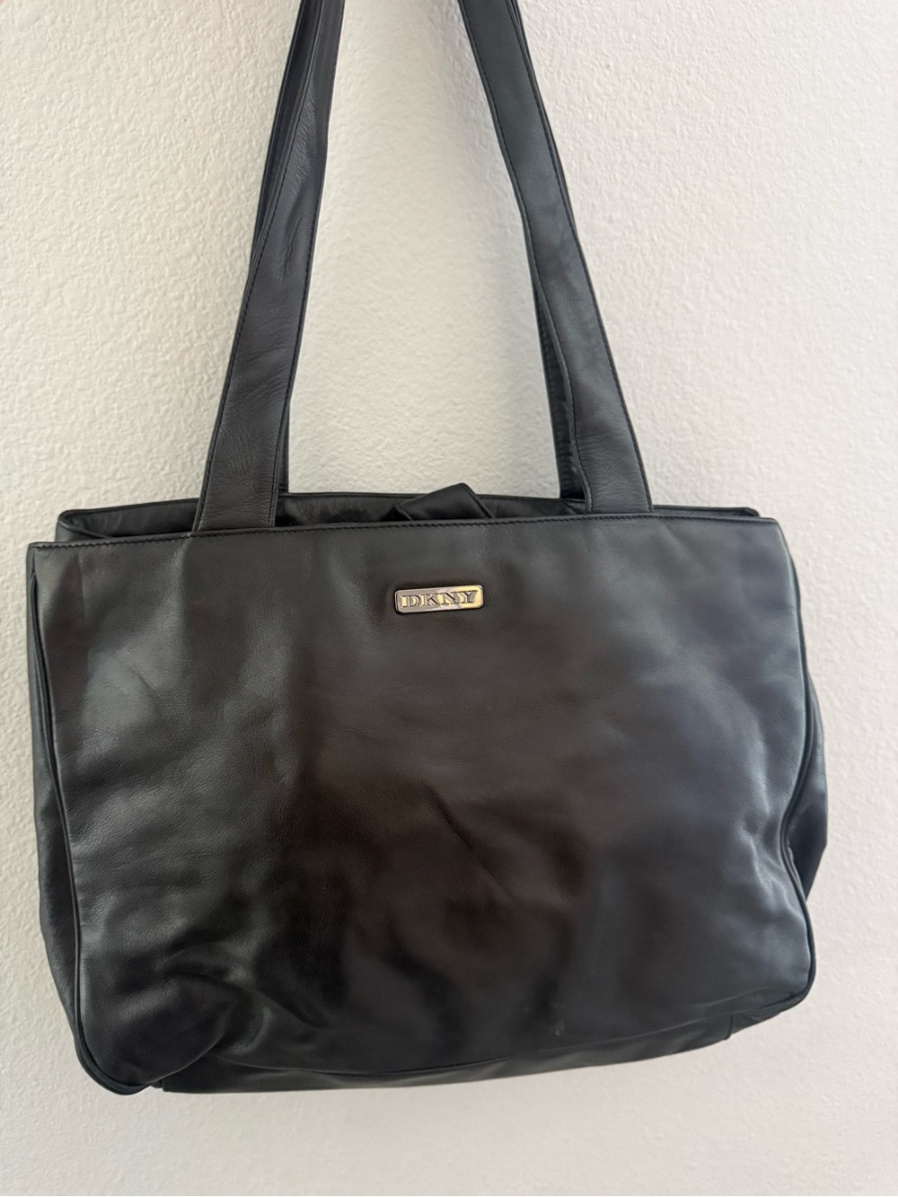 DKNY Black Leather Shoulder Tote with Logo Plate